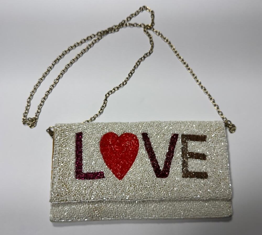 Ivory Beaded LOVE Heart Clutch Gold Chain Shoulder Strap Snap Closure Small